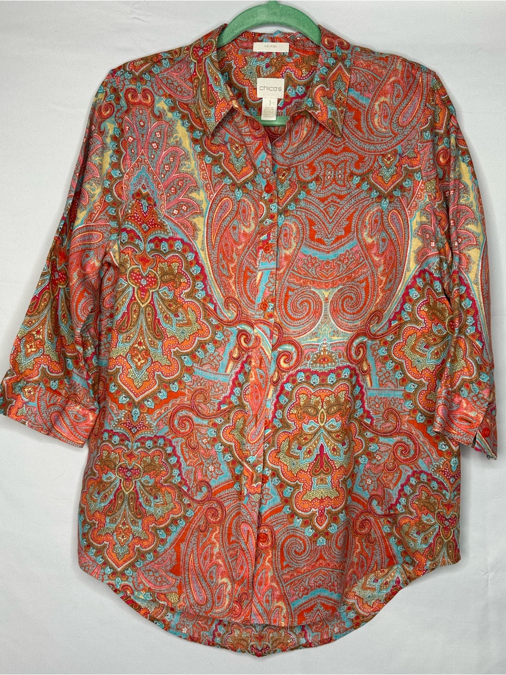 Chico’s Orange Paisley Button-Down Shirt with Teal Accents